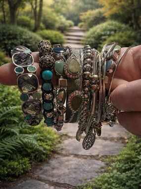 Silver Tone Bracelet Lot 15 Pc Stackable Boho Charm Beaded Mixed Styles